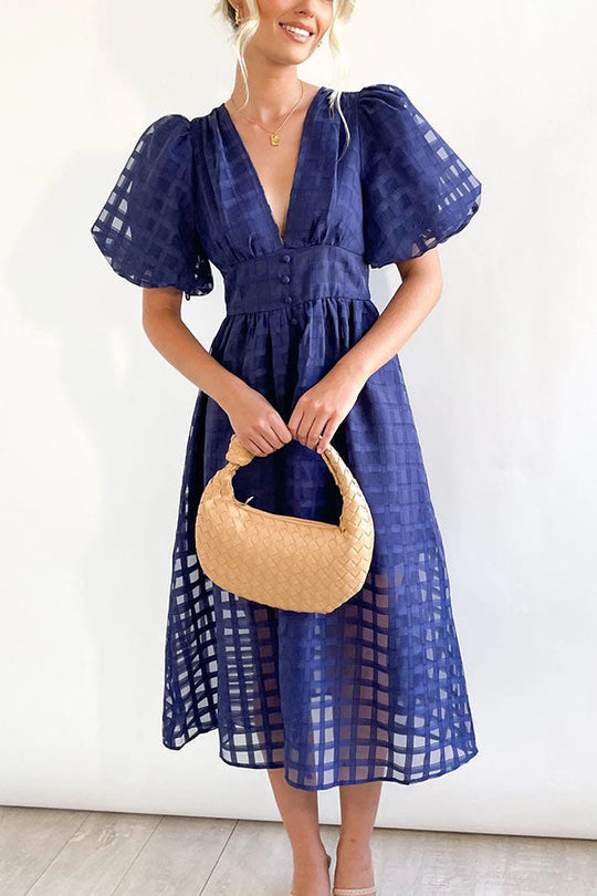 LD | Opmerkelijke Schoonheid Vierkante Gedessineerde Stof Puff Mouwen Party Midi Dress