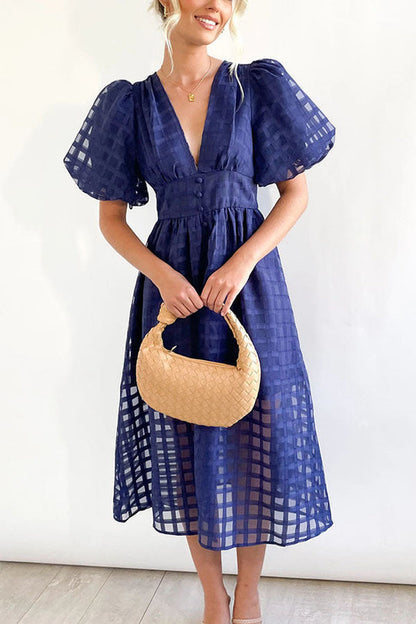 LD | Opmerkelijke Schoonheid Vierkante Gedessineerde Stof Puff Mouwen Party Midi Dress