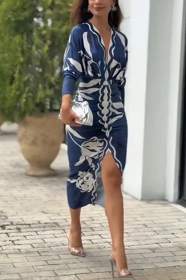 LD Caliana Unieke print Dolman Lange Mouwen Met Ruches Split Midi Dress