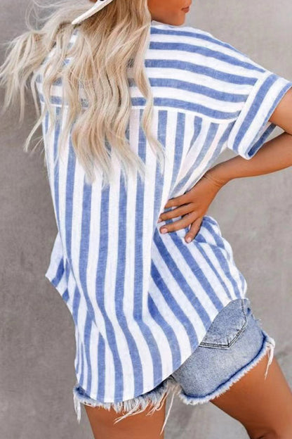 LD | Angela - Casual gestreepte patchwork top met omgeslagen kraag
