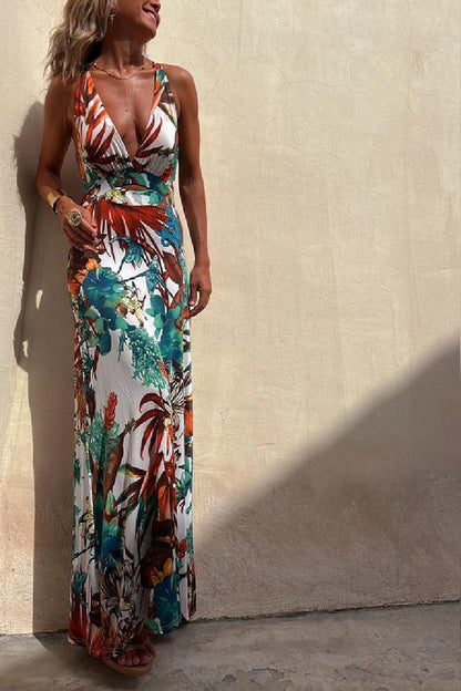 LD | RAINFOREST PARADISE TROPISCHE PRINT RUG CROSSOVER STRETCH MAXI JURK