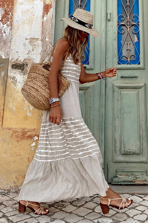 LD | Zomer Rise Gestreepte Halter Hals A-lijn Maxi Dress