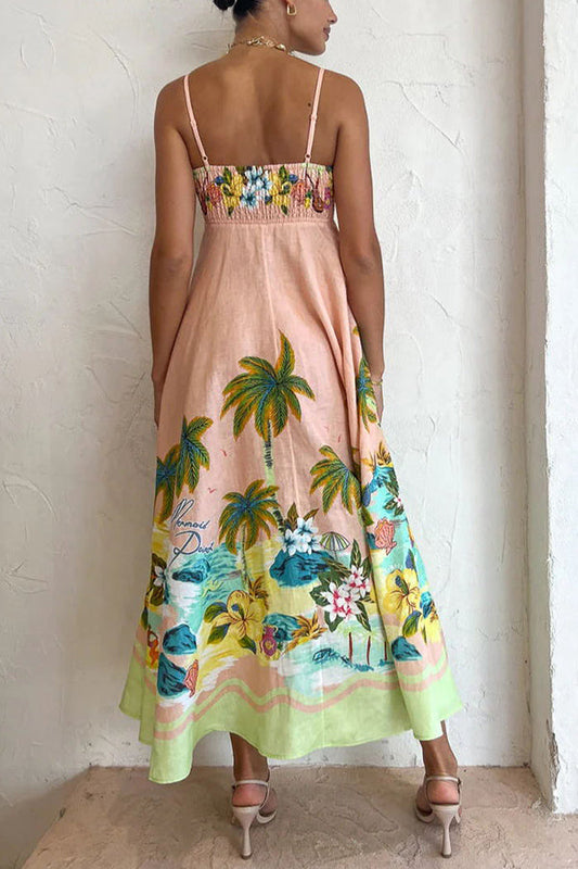 LD | Coconut Scenery Linnenmix Tropische Print Midi Dress met gesmokte rug