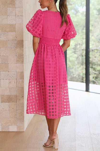 LD | Opmerkelijke Schoonheid Vierkante Gedessineerde Stof Puff Mouwen Party Midi Dress