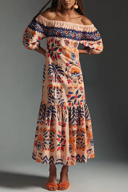 LD Island Lover Gedrukte off-the-shoulder, vloeiende midi-jurk