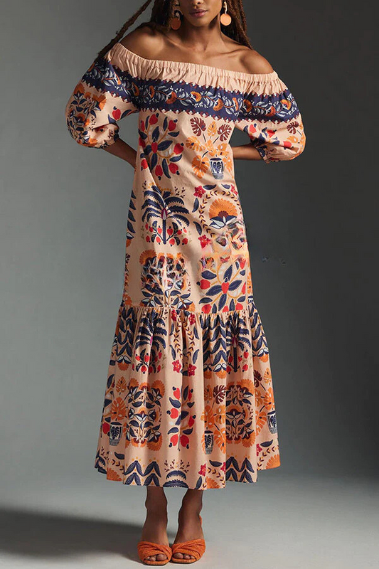 LD Island Lover Gedrukte off-the-shoulder, vloeiende midi-jurk