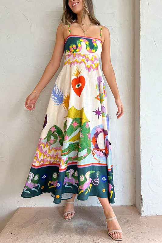 LD | Feel Moeiteloos Linnenmix Unieke Print Midi Dress met Gesmokte Rug