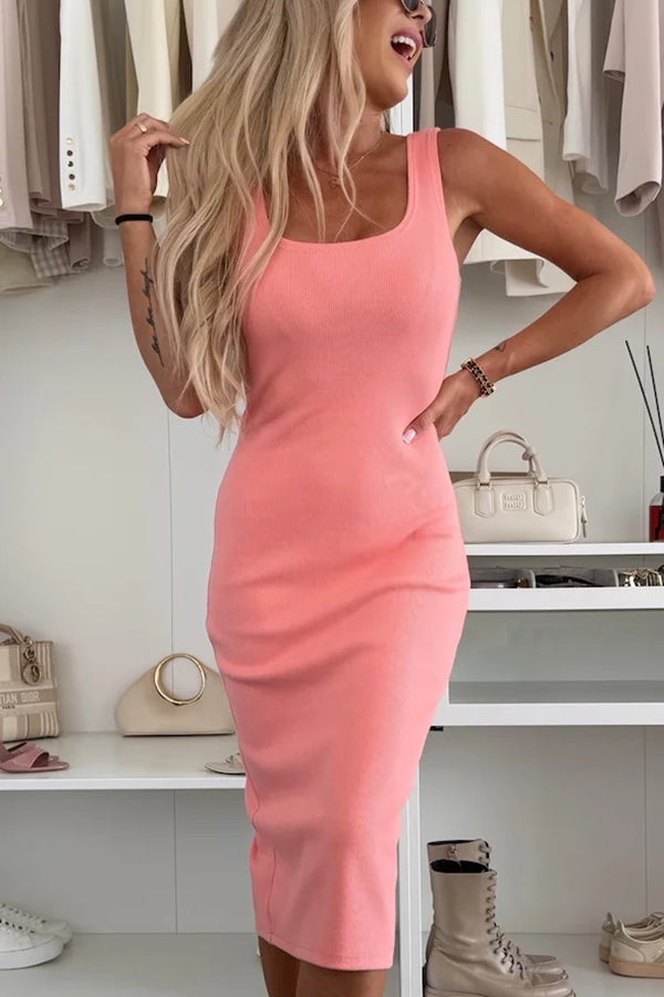 LD | Comfort en vrouwelijkheid rib gebreide tank split stretch midi jurk