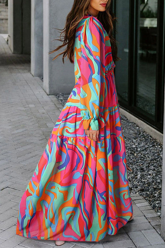 LD | Multicolour bloemenprint ruches laag uitgesneden maxi jurk