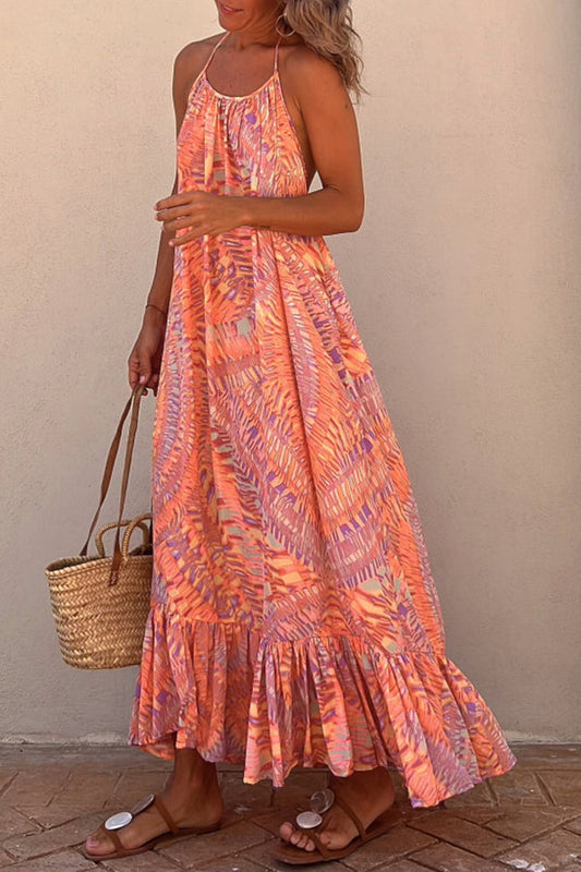 LD Sunita Etnische Print A-Lijn Halter Kwastje Vakantie Maxi Dress