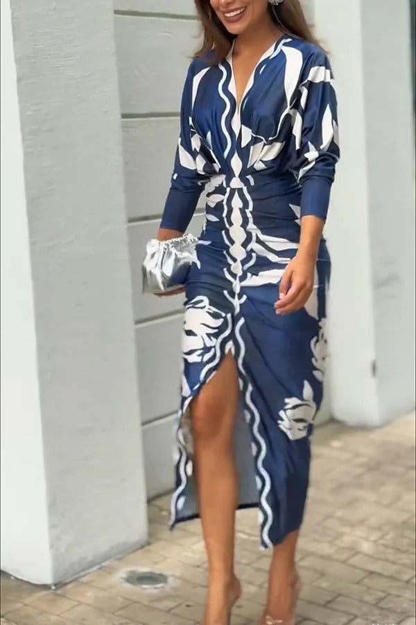 LD Caliana Unieke print Dolman Lange Mouwen Met Ruches Split Midi Dress