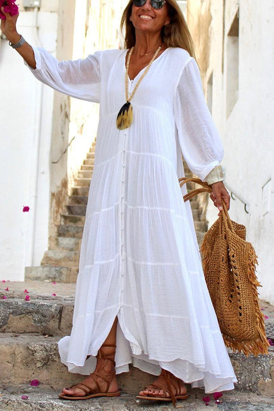 LD | Seraphina katoen-linnen mix, gestreepte maxi jurk met knoopsluiting