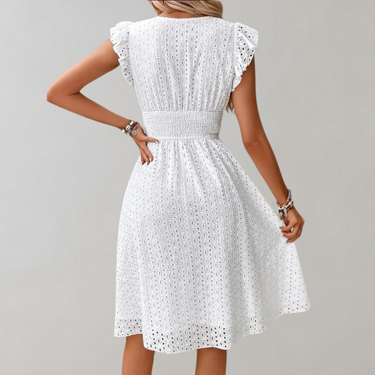 LD | elegante midi-jurk voor vrouwen met gerimpelde mouwen