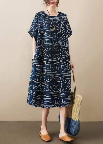 LD | marineblauw print elegante zomer badjas linnen oversize