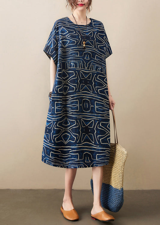 LD | marineblauw print elegante zomer badjas linnen oversize