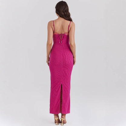 LD | Maxi-jurk voor dames - slanke pasvorm - kanten afwerking - bustier top - spaghettibandjes - transparante zoom