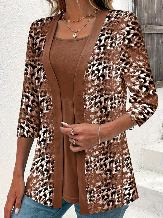 LD Tweedelige set, eenkleurige top en vest met luipaardmotief