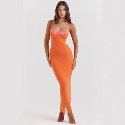 LD | Maxi-jurk voor dames - slanke pasvorm - kanten afwerking - bustier top - spaghettibandjes - transparante zoom