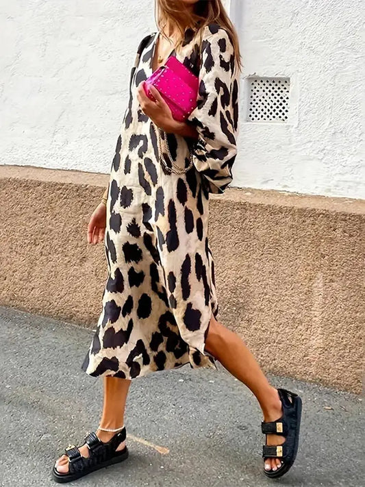 LD | Midi-jurk met luipaardprint en driekwart mouwen