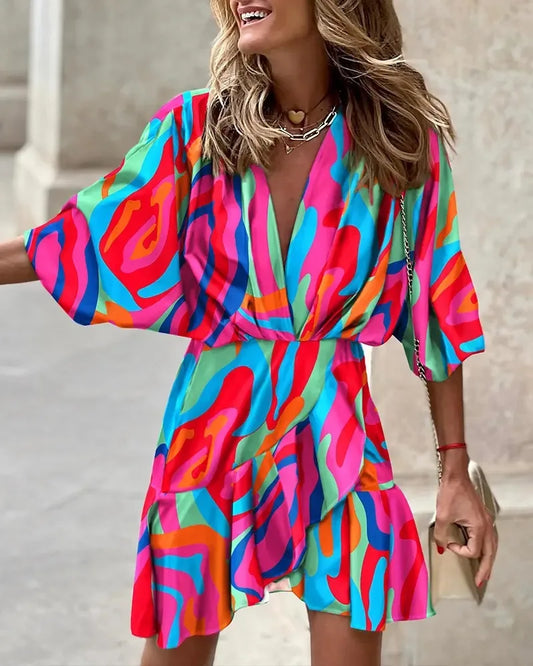 LD Print Jurk Sexy V-Hals Batwing Mouwen Ruffl Bloemen Print Bohemian Strand Jurk Dames Losse Zomer Vakantie Mini Jurken