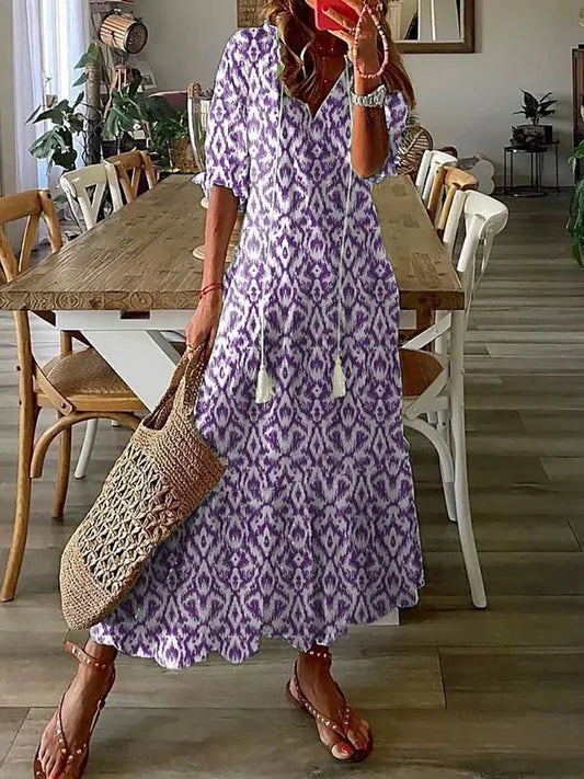 LD | midi-jurk met boho-patroon en korte mouwen