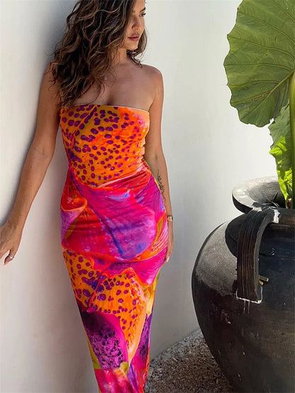 LD Strapless maxi-jurk met kleurrijke luipaardprint