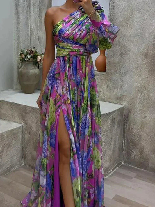 LD | Vloeiende maxi jurk met bloemenprint en één schouder in lila