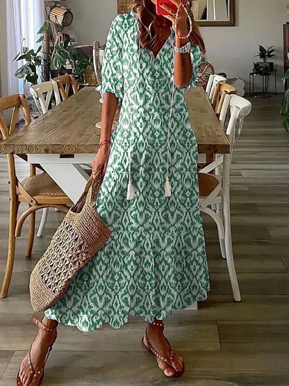LD | midi-jurk met boho-patroon en korte mouwen