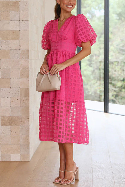 LD | Opmerkelijke Schoonheid Vierkante Gedessineerde Stof Puff Mouwen Party Midi Dress