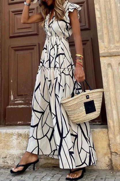 LD | Geometrische print V-hals ruches midi jurk