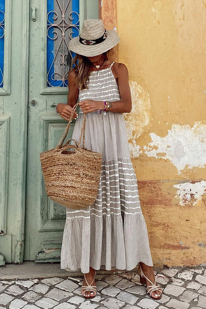 LD | Zomer Rise Gestreepte Halter Hals A-lijn Maxi Dress