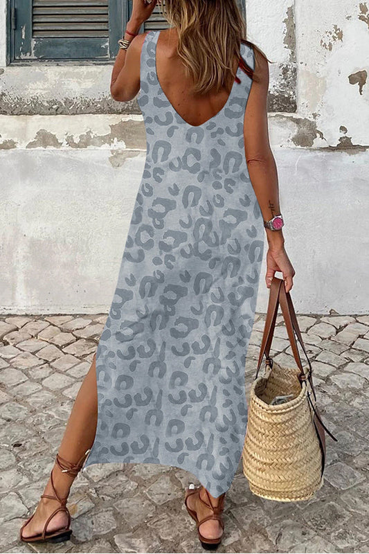 LD | Grijs Casual Luipaardprint Zijsplitten Tank Maxi Dress