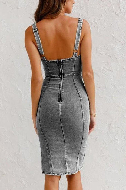 LD | Dit seizoen Staple Denim Verstelbare Bandjes Zip-up Stevige Stretch Midi Dress