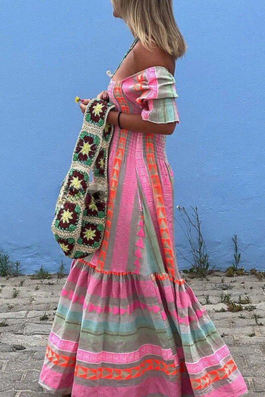 LD | Music Festival Geometrische zakjurk met kleurblok Boho maxi jurk in gesmokte stijl