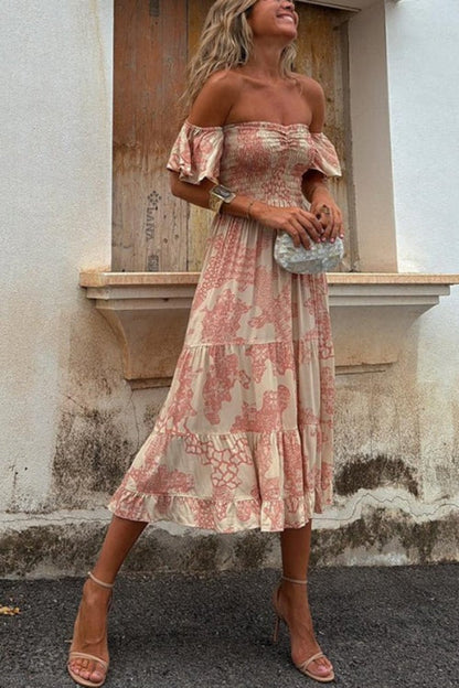 LD Pitaya Unieke print Off Shoulder Smocked Ruffle Mouwen Gelaagde Midi Dress