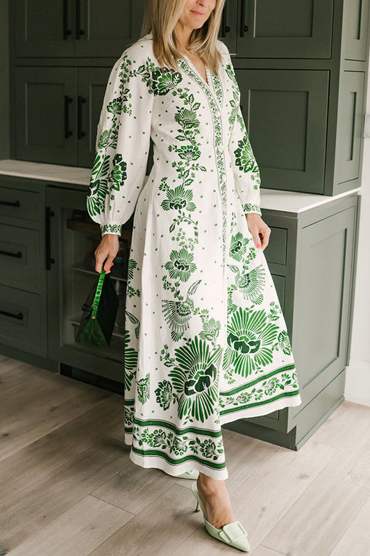 LD | Unieke Print Button Down Lange Mouw Shirt Maxi Dress