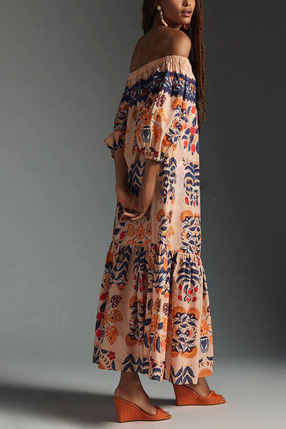 LD Island Lover Gedrukte off-the-shoulder, vloeiende midi-jurk