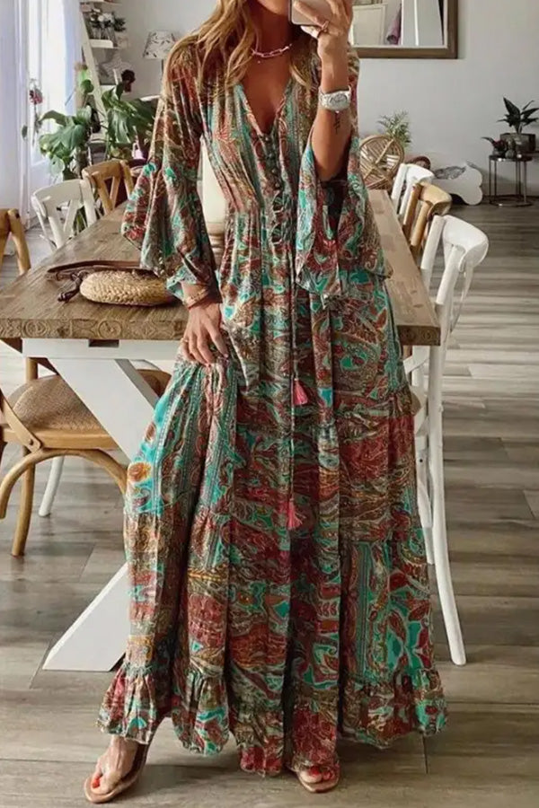 LD | V-hals Losse Peris Print Vakantie Lange Mouw Maxi Dress