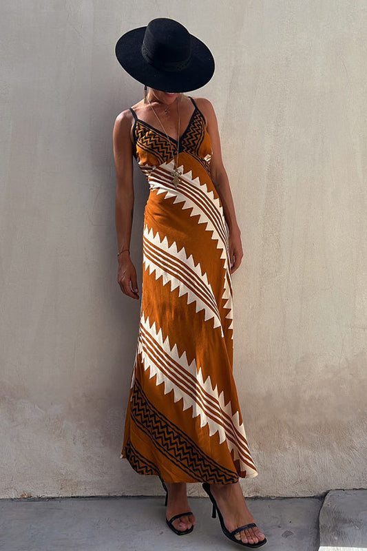LD | Always Falling Satin Midi Dress met etnische print en gesmokte rug