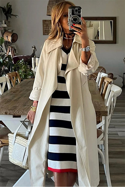 LD | Stripes Elegante midi-jurk met V-hals en lange mouwen