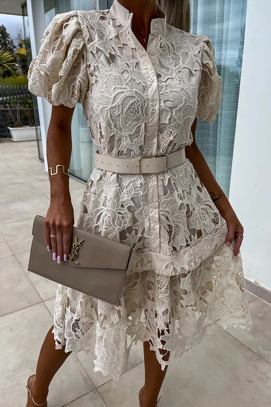 LD | Absoluut Elegant Bloemig Gehaakt Kant Pofmouw Riem Overhemd Midi Dress