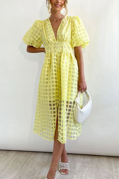 LD | Opmerkelijke Schoonheid Vierkante Gedessineerde Stof Puff Mouwen Party Midi Dress