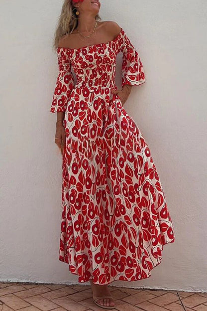 LD | Close To The Vacation Bloemenprint Gesmockte Off Shoulder Pocketed Maxi Dress