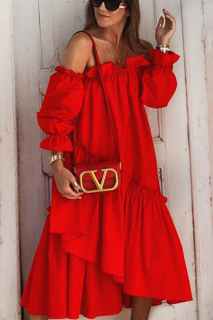 LD Fionna Off Shoulder Ruffle Irregular Trim Loose Midi Dress