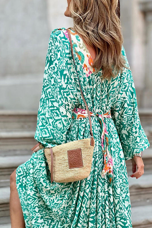 LD | Ledell Groene maxi jurk met V-hals en totemprint