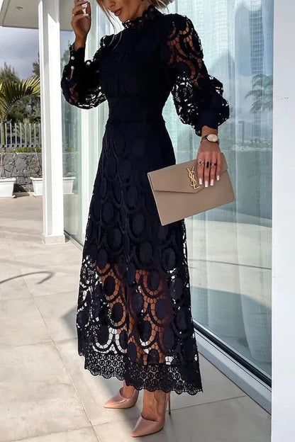 LD sensuele en elegante midi-jurk met gehaakte kanten lantaarnmouwen