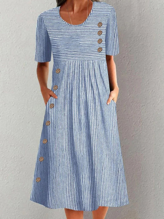 LD | midi-jurk voor dames - Relaxed fit - Gestreept patroon - Ronde hals - Korte mouwen - Natuurlijke vezels
