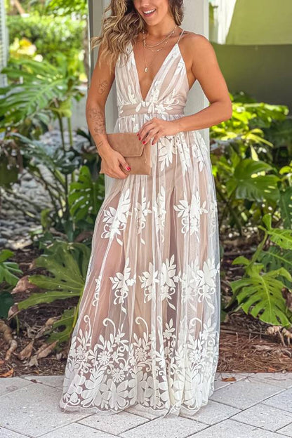 LD | Wit en Beige Kruis Rug Bloemen Tule Maxi Dress