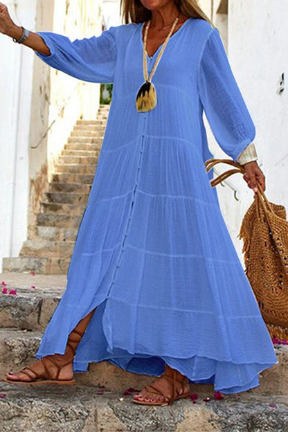LD | Seraphina katoen-linnen mix, gestreepte maxi jurk met knoopsluiting