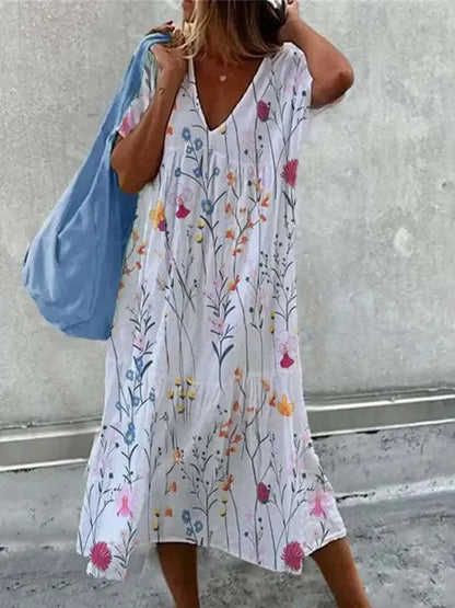 LD | Boho strandjurk voor vrouwen Zomerjurk met V-hals en korte mouwen met bloemenpatroon